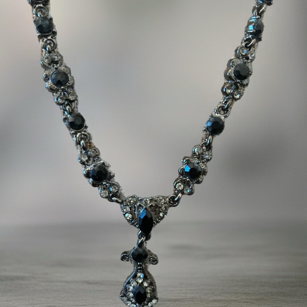 Black And Silver Tone Vintage and Rhinestone Dangle Necklace
